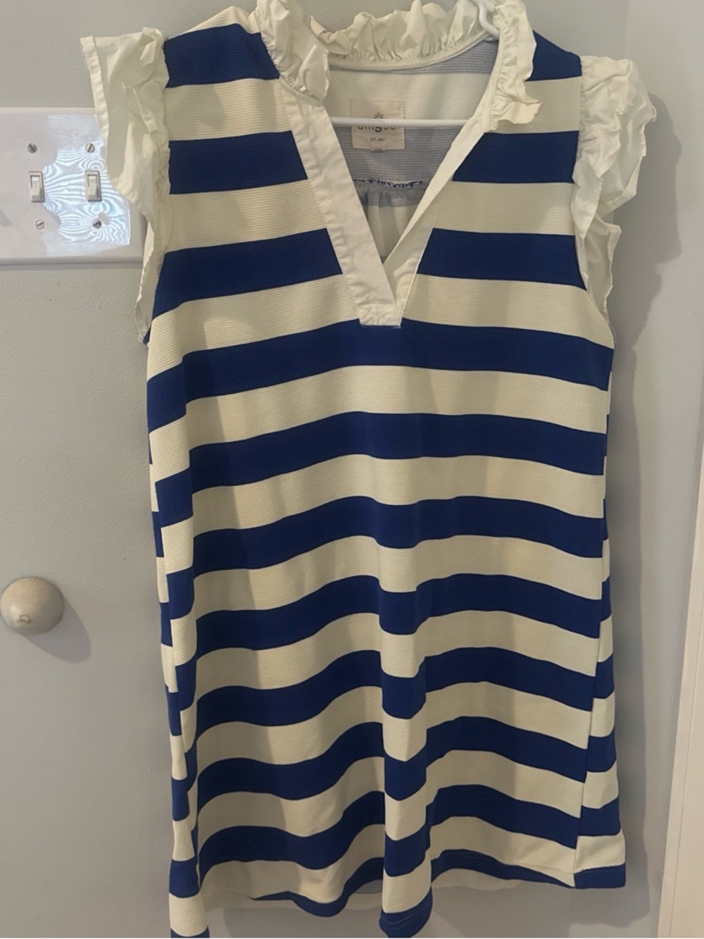 Striped Blue & Cream Ruffle Sleeve Shift Dress